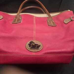 Elegant Red Leather Tote with Brown Handles